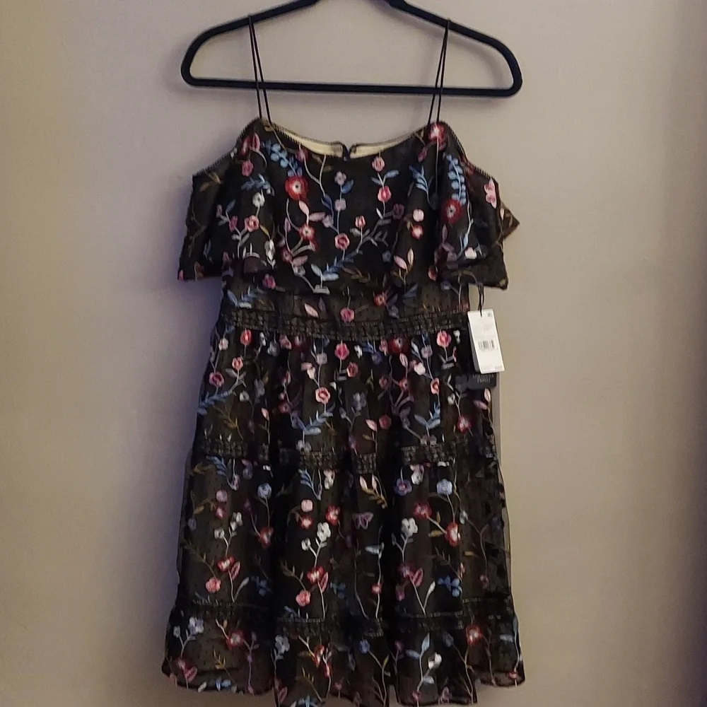 ADRIANNA PAPELL Black Floral Embroidered Tiered Fit Off-the-Shoulder Dress NEW 6 - Picture 3 of 15